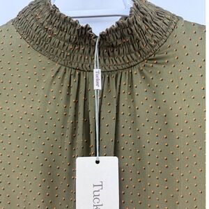 Tucker Stella Top Dot Olive Stretch Georgette Mock Neck Ruffle Sleeve Blouse NWT